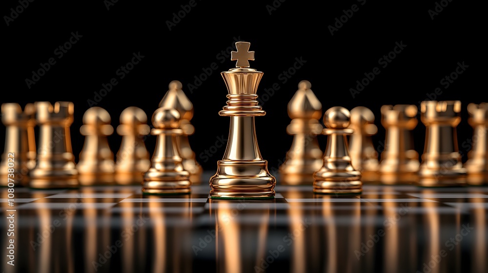 Golden chess pieces with a focus on the king against a dark background, highlighting the game's strategic depth. Golden chess pieces with a focus on the king against a dark background, highlighting the game's strategic depth.