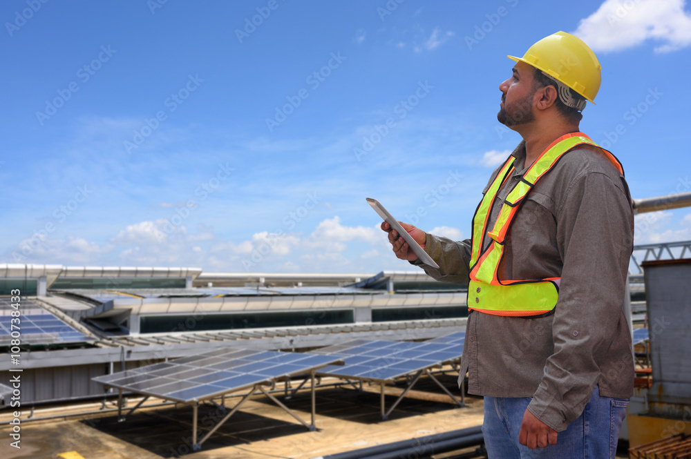 Solar energy engineer or engineer with his laptop computer is checking the installation and performance of a new solar power plant. Solar energy engineer or engineer with his laptop computer is checking the installation and performance of a new solar power plant.