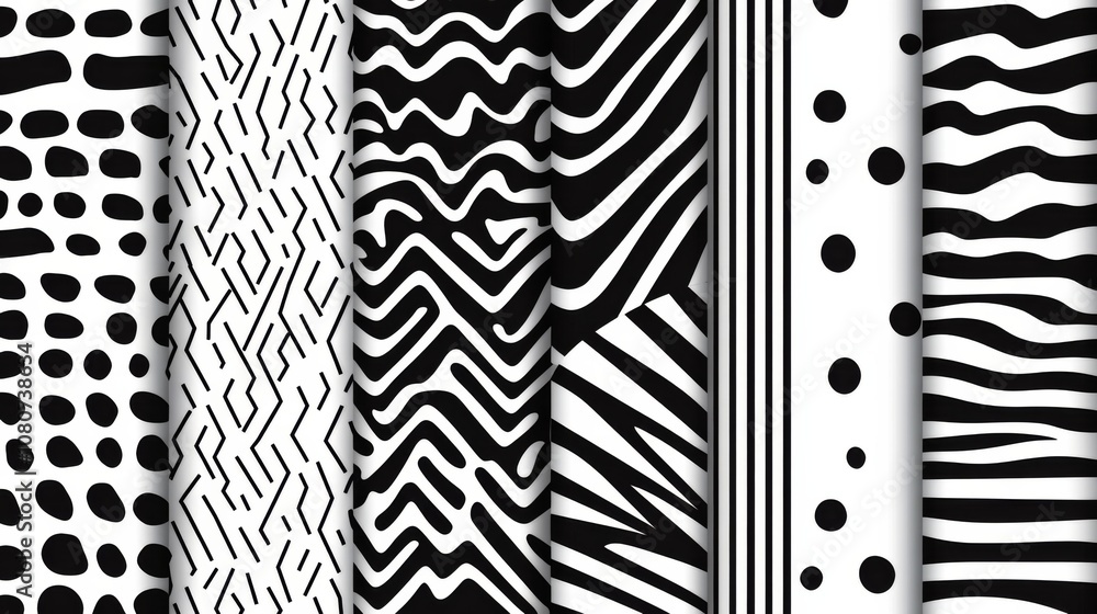 This collection features an array of seamless geometric patterns in black and white highlighting various designs that evoke creativity and style perfect for diverse artistic projects. This collection features an array of seamless geometric patterns in black and white highlighting various designs that evoke creativity and style perfect for diverse artistic projects.