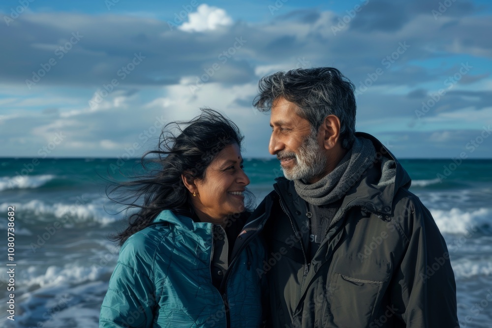 Portrait of a tender indian couple in their 40s wearing a functional windbreaker while standing against stunning ocean reef Portrait of a tender indian couple in their 40s wearing a functional windbreaker while standing against stunning ocean reef