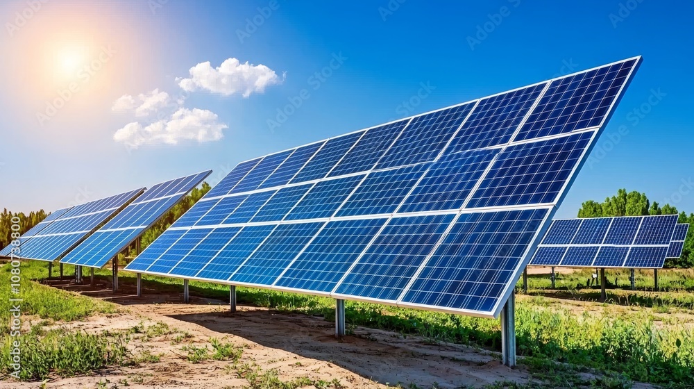 Rows of solar panels set against a serene desert landscape Rows of solar panels set against a serene desert landscape
