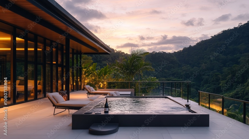 Fototapeta premium Luxury Hotel Terrace Hot Tub Sunset View Relaxation Romance