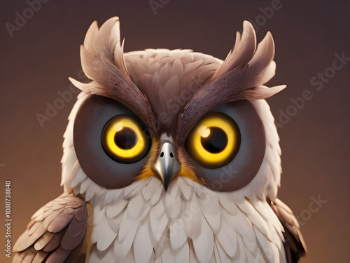 The Night Owl icon has dark brown feathers, bright yellow eyes and smooth, sharp wings. It seems to be staring intelligently. photo