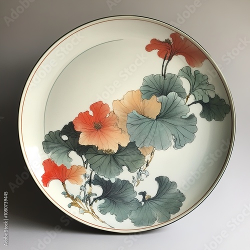 Hand-Painted Floral Ceramic Plate: Japanese Art & Design photo