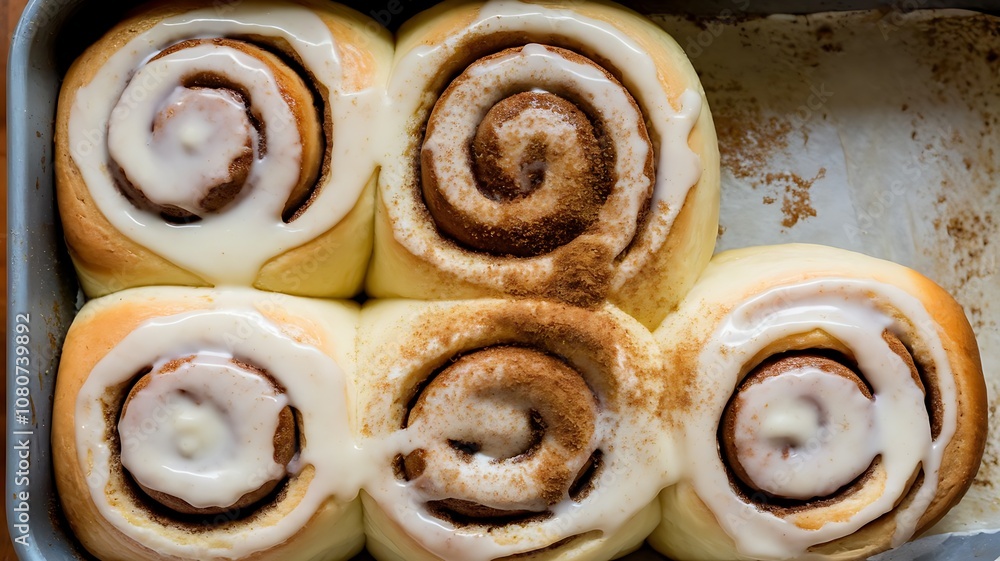 Baked cinnamon rolls with cream cheese icing in baking pan, drizzled and topped with cinnamon dusting Baked cinnamon rolls with cream cheese icing in baking pan, drizzled and topped with cinnamon dusting