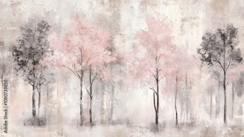 Fototapeta Naklejka Na Ścianę i Meble -  Delicate watercolor trees soft grunge texture perfect for refined spaces