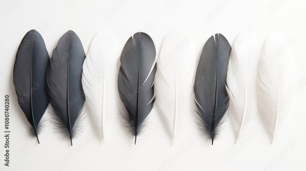 A beautiful arrangement of black and white feathers on a light background. A beautiful arrangement of black and white feathers on a light background.
