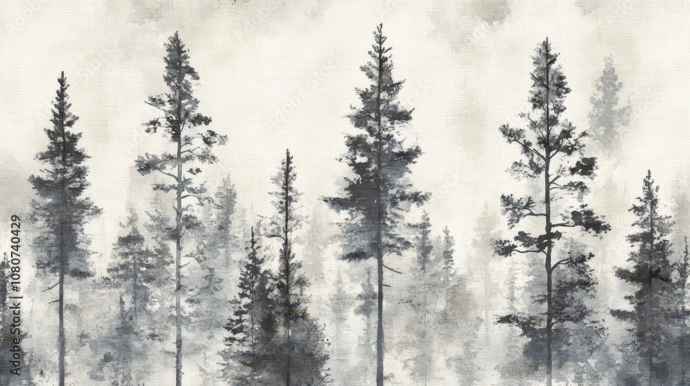 Minimalist trees in muted tones subtle fabric texture and ink marks Minimalist trees in muted tones subtle fabric texture and ink marks