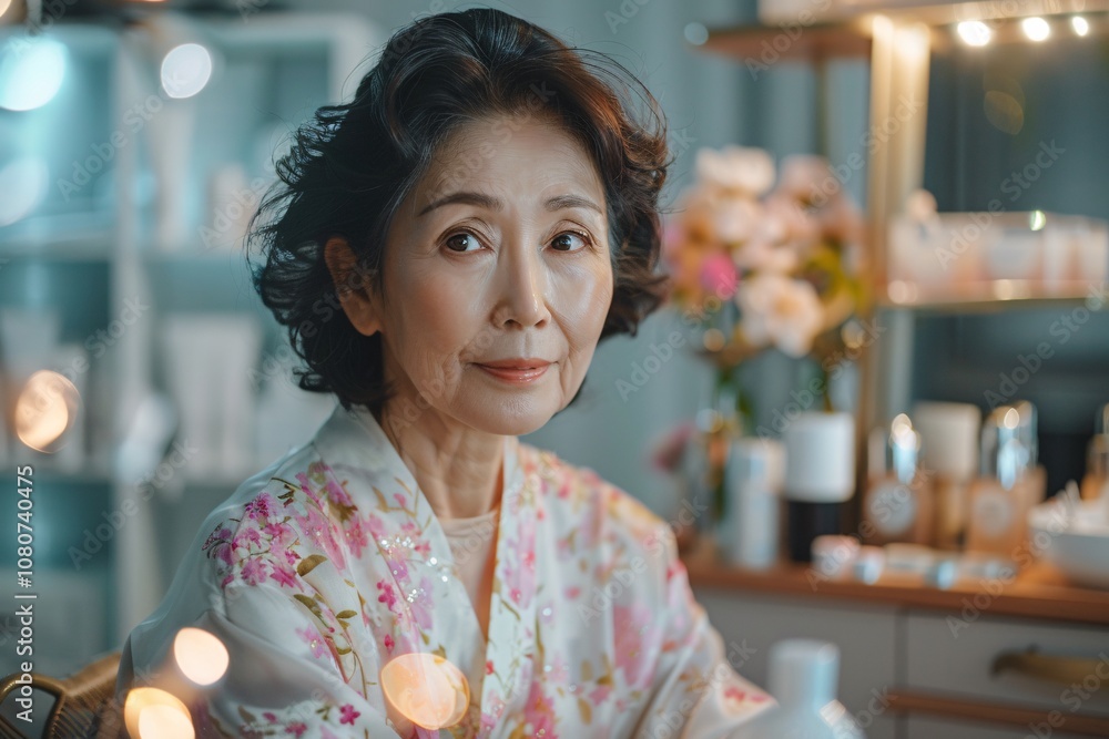An older woman with gentle features sits comfortably in a brightly lit room. She wears a floral robe and is surrounded by beauty products, exuding a calm and reflective mood An older woman with gentle features sits comfortably in a brightly lit room. She wears a floral robe and is surrounded by beauty products, exuding a calm and reflective mood