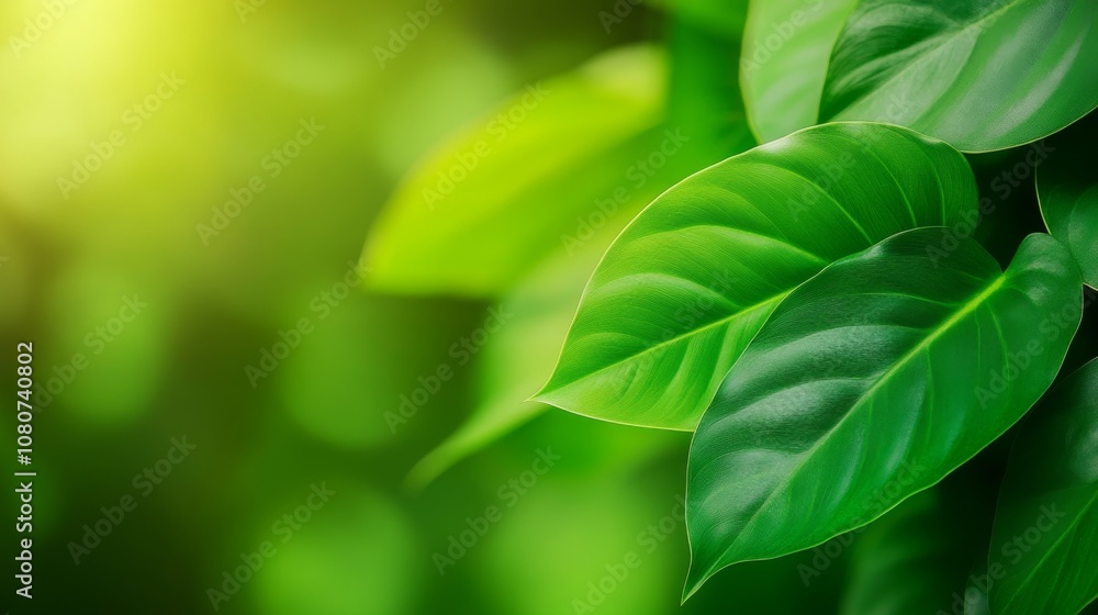 Fototapeta premium Bright green leaves of a philodendron stretch towards the sun displaying their rich texture and vivid color enhancing the calmness of a tropical atmosphere.
