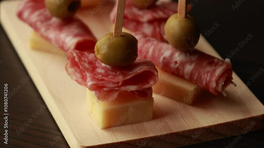 Preparing Party Appetizer with Salami, Old Cheddar, and Green Olives on Wooden Board Close-Up Preparing Party Appetizer with Salami, Old Cheddar, and Green Olives on Wooden Board Close-Up