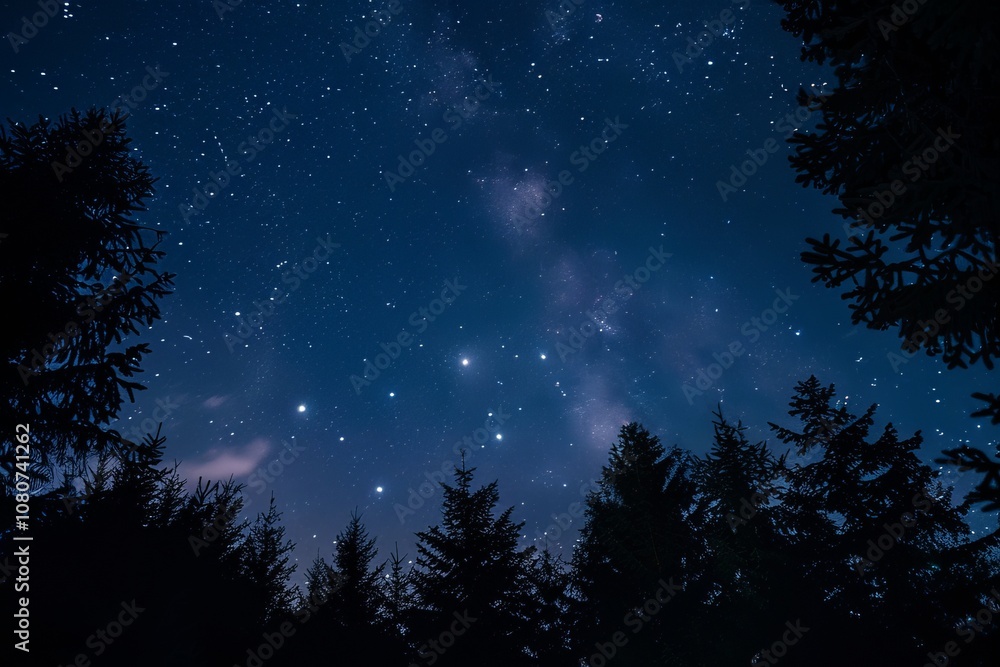 Naklejka premium Captivating view of a starry night sky with the Milky Way above dark forest silhouettes, perfect for nature and astronomy enthusiasts.