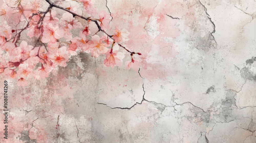 Whimsical cherry blossoms light pinks on heavily distressed texture Whimsical cherry blossoms light pinks on heavily distressed texture