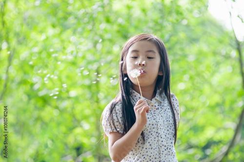 タンポポの綿毛を吹く女の子