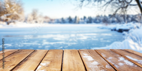 Fototapeta Naklejka Na Ścianę i Meble -  Beautiful blurred frozen lake in idyllic winter landscape, empty wooden planks in foreground, copy space on wooden table,