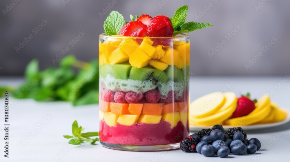 Layered Fruit Parfaits in Glass Jars with Mint Layered Fruit Parfaits in Glass Jars with Mint