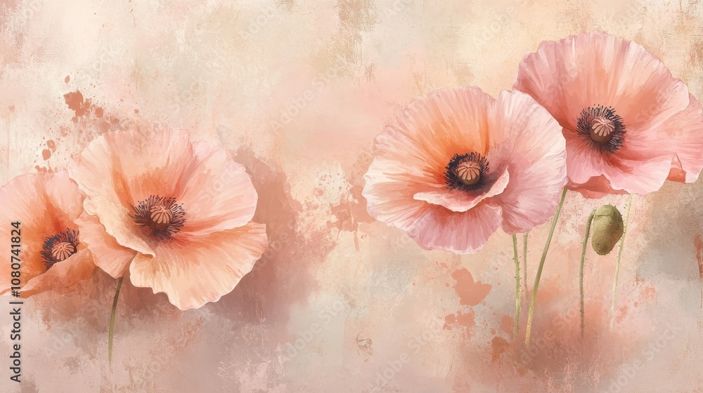 custom made wallpaper toronto digitalPastel poppies blending into a distressed grunge wallpaper background
