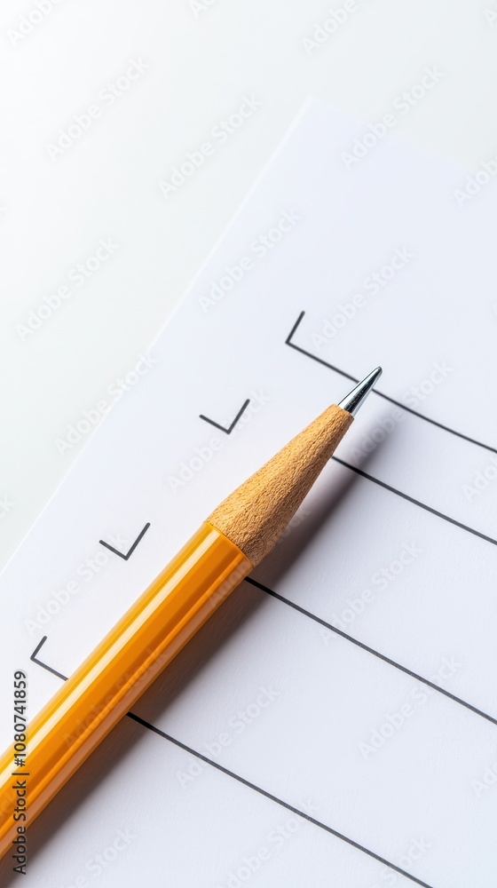 Concept of Educational Skills Assessment. A close-up of a sharpened pencil positioned above a blank checklist on white paper, suggesting planning or to-do tasks. Concept of Educational Skills Assessment. A close-up of a sharpened pencil positioned above a blank checklist on white paper, suggesting planning or to-do tasks.
