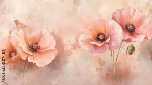 Wallpaper Mural Pastel poppies blending into a distressed grunge wallpaper background Torontodigital.ca
