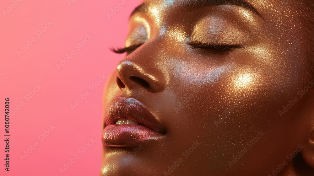 Fototapeta premium A close-up of a woman's face adorned with glitter, showcasing radiant skin and vibrant highlights against a pink background.