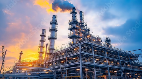 Industrial plant during sunset with smoke emission and modern design, showcasing energy production. photo