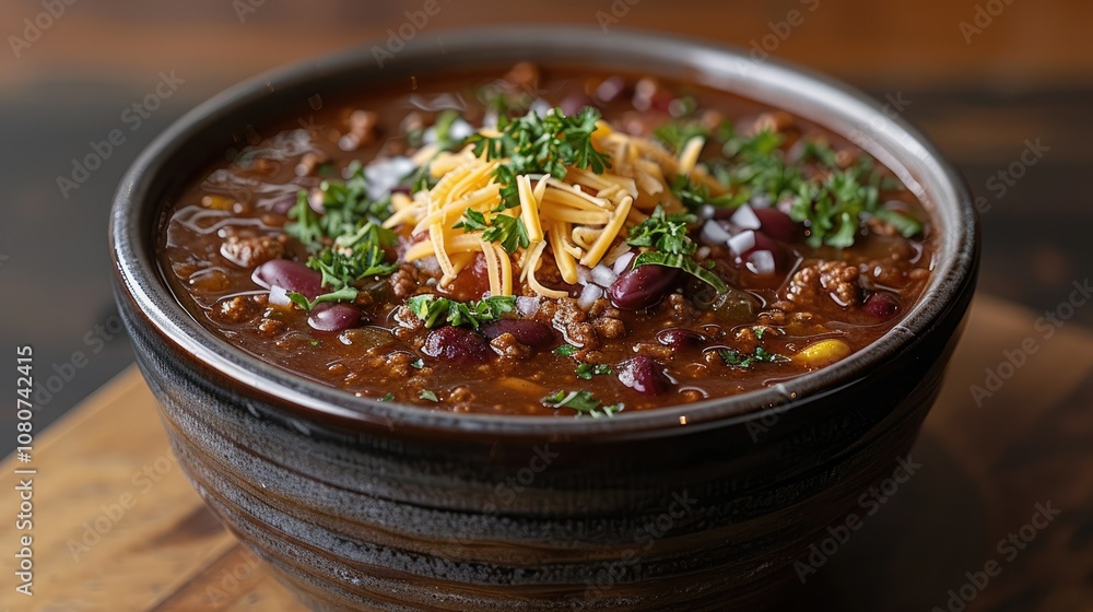 A Bowl of Chili Topped with Shredded Cheese, Parsley, and Onions A Bowl of Chili Topped with Shredded Cheese, Parsley, and Onions