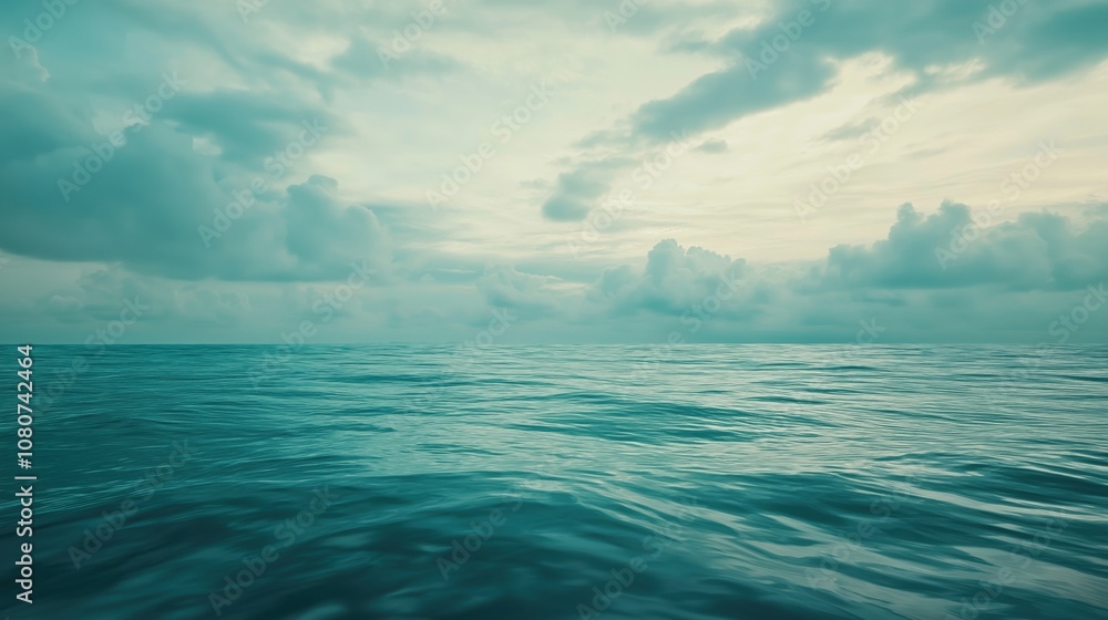 Fototapeta premium A serene view of the ocean with gentle waves and a cloudy sky at sunset.