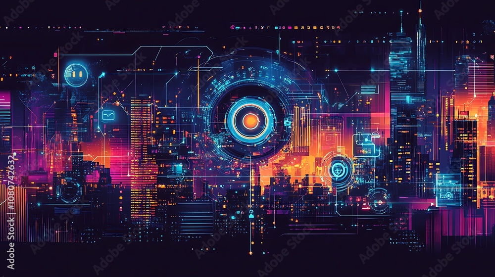 Fototapeta premium A modern security camera surrounded by digital system, Digital technology security camera