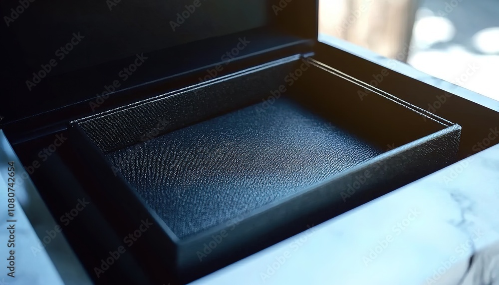 Open black box on marble table, showcasing minimalistic design and luxurious texture. Perfect for storing valuable items or as a sleek gift box in a stylish setting. Open black box on marble table, showcasing minimalistic design and luxurious texture. Perfect for storing valuable items or as a sleek gift box in a stylish setting.