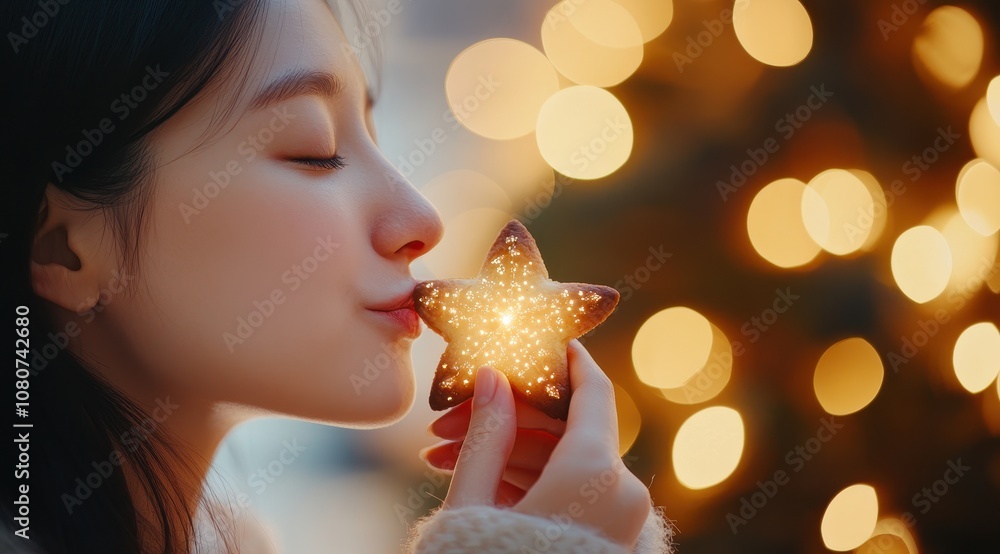 A young woman kisses a glowing star-shaped ornament, surrounded by twinkling lights, capturing a moment of joy and festive spirit. A young woman kisses a glowing star-shaped ornament, surrounded by twinkling lights, capturing a moment of joy and festive spirit.