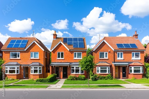 Photovoltaic system generates clean energy for homes. Renewable technology for electricity and power. Sustainable living. Rear of terraced house with solar panels.