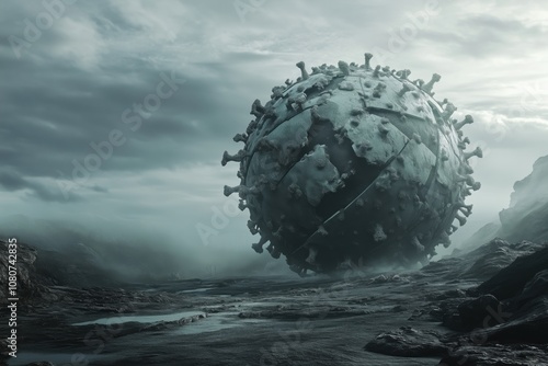 Giant virus sphere in desolate landscape, ominous atmosphere, dark clouds, rocky terrain, surreal environment photo