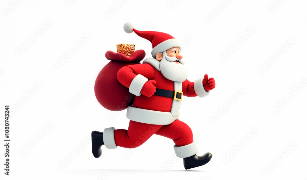 Santa Claus runs with a bag of gifts on a white background Santa Claus runs with a bag of gifts on a white background