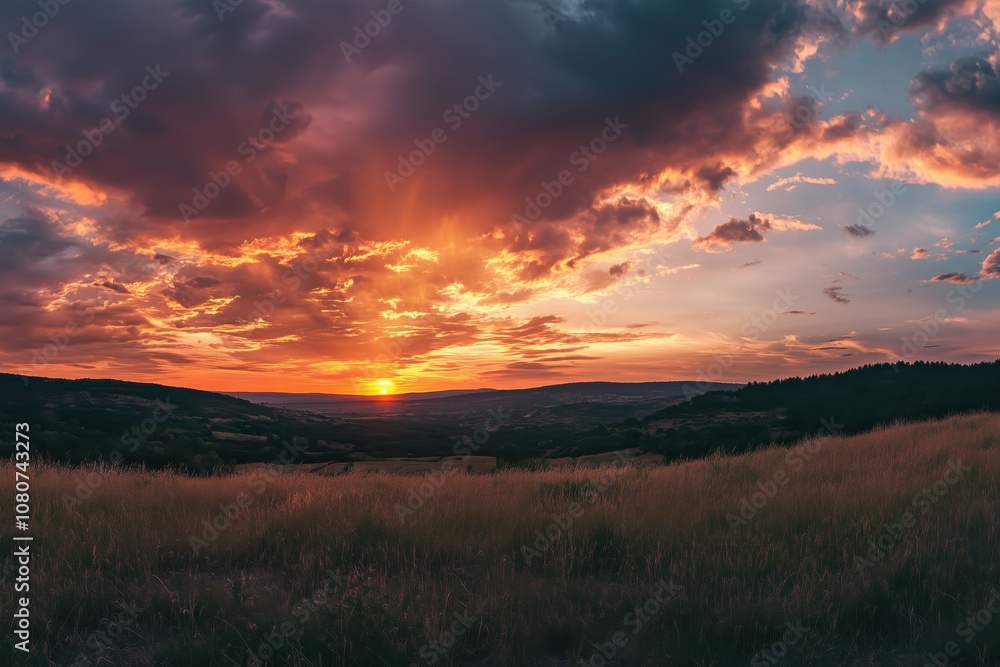 Stunning sunset over valley landscape with dramatic clouds and golden light Stunning sunset over valley landscape with dramatic clouds and golden light