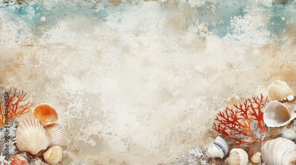 Obraz premium Beach with colorful coral and seashells on grunge wallpaper