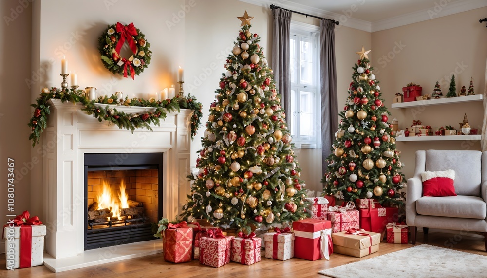 A warm holiday scene featuring two beautifully decorated Christmas trees surrounded by numerous presents near a glowing fireplace in a cozy living room setting. A warm holiday scene featuring two beautifully decorated Christmas trees surrounded by numerous presents near a glowing fireplace in a cozy living room setting.