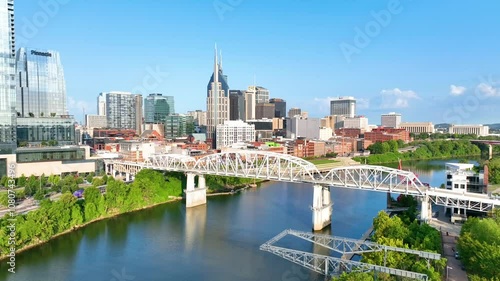 Aerial Nashville Skyline Over Cumberland River Establishing Shot