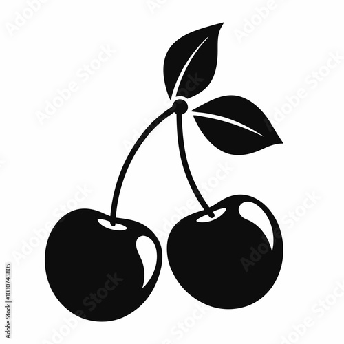 Cherry Silhouette with Leaves on White Background