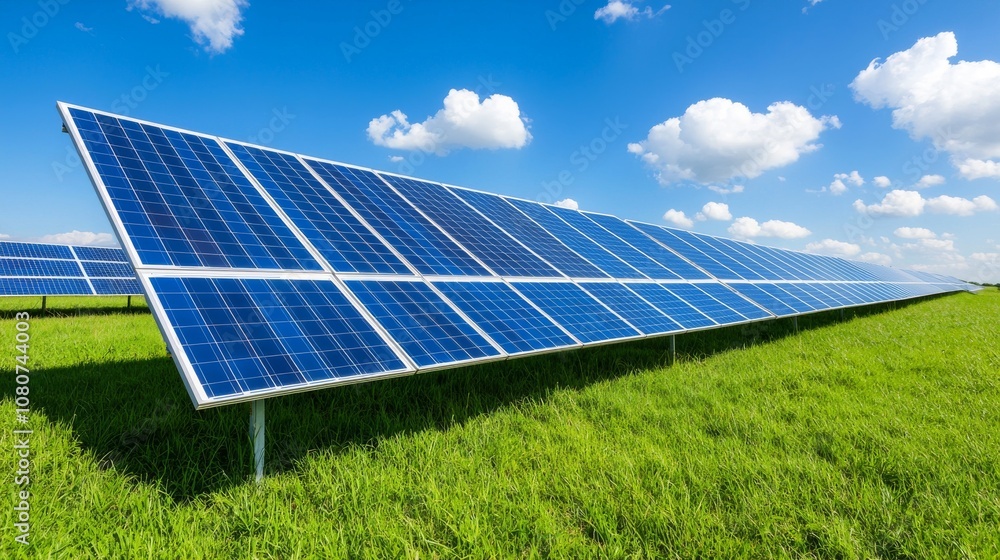 Solar panels soaking up sunlight, producing renewable energy in a vast open field, representing a shift toward sustainable energy solutions. Solar panels soaking up sunlight, producing renewable energy in a vast open field, representing a shift toward sustainable energy solutions.