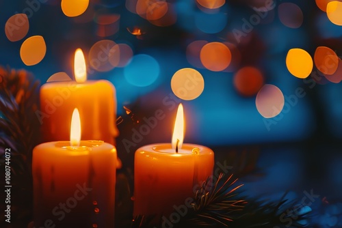 Three glowing candles with a soft bokeh background, evoking warmth and tranquility in a festive setting.