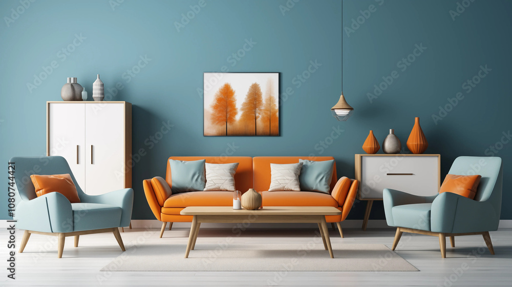 Modern Living Room Interior Design with Orange Sofa Blue Armchairs and Wooden Coffee Table Modern Living Room Interior Design with Orange Sofa Blue Armchairs and Wooden Coffee Table