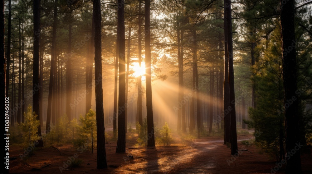 Obraz premium Golden Sunrise Illuminates a Tranquil Pine Forest