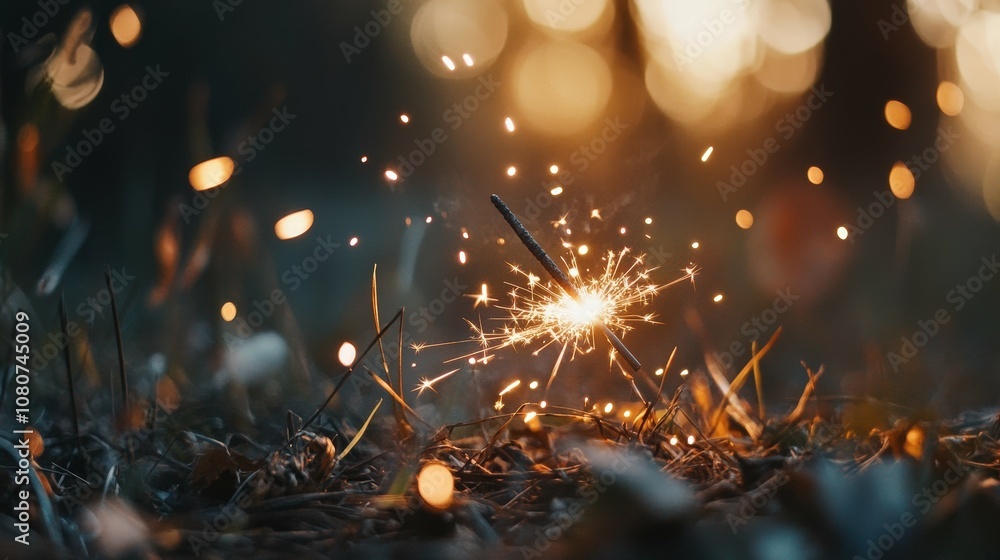 Obraz premium Close-up of a sparkler burning, soft focus on sparks,