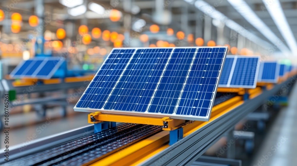 With warm lighting, solar panels on a production line display modern renewable energy technology. With warm lighting, solar panels on a production line display modern renewable energy technology.