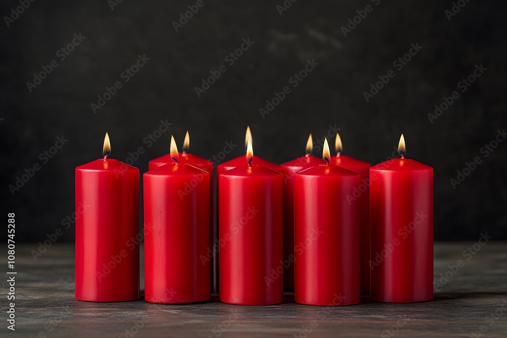 A row of lit red candles on a dark background. A row of lit red candles on a dark background.
