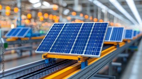 With warm lighting, solar panels on a production line display modern renewable energy technology.