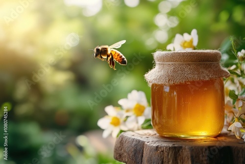 Glowing Jar of Honey Surrounded by Nature with a Busy Bee in Flight Collecting Nectar from Beautiful Flowers in a Warm, Sunny Environment