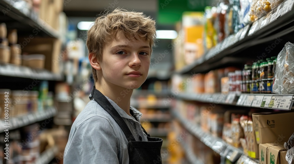 Teenager working at a supermarket, stocking shelves, focused expression, casual work uniform, products neatly arranged on shelves, Teenager working at a supermarket, stocking shelves, focused expression, casual work uniform, products neatly arranged on shelves,
