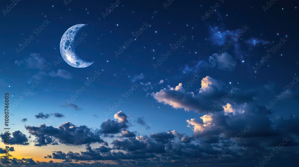 A crescent moon and stars shine in a blue night sky with clouds. A crescent moon and stars shine in a blue night sky with clouds.