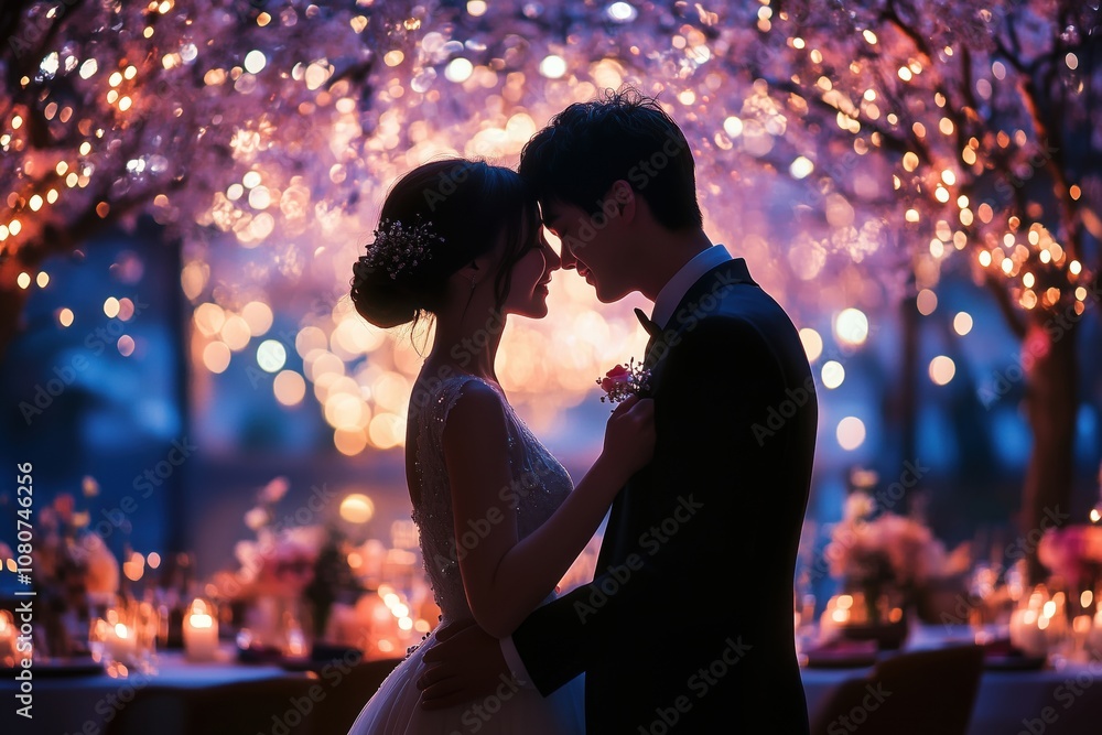 Romantic wedding couple silhouette, intimate moment under fairy lights, soft bokeh background, elegant decor, love and celebration atmosphere Romantic wedding couple silhouette, intimate moment under fairy lights, soft bokeh background, elegant decor, love and celebration atmosphere